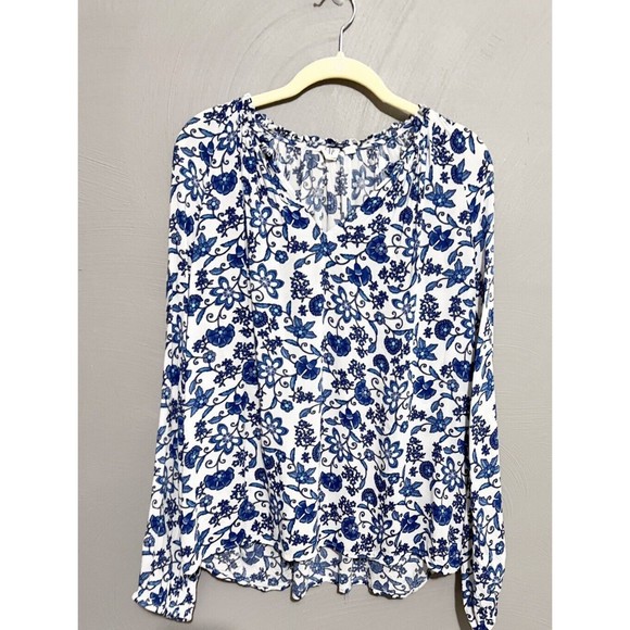 Gap Womens Blue White Floral Ruffle Neck Blouse Long Sleeve Rayon V-Neck Large - Picture 4 of 12